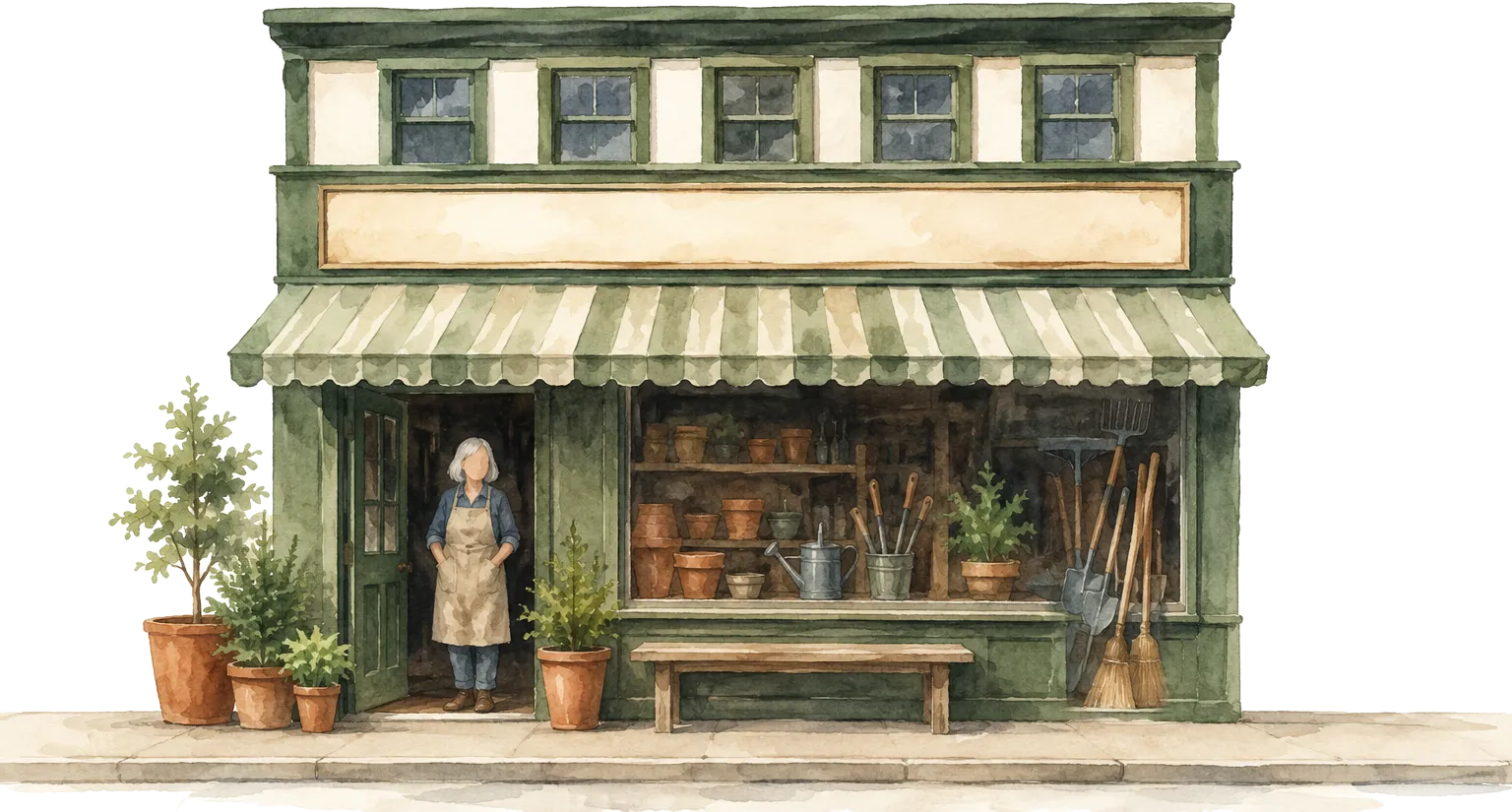 Watercolor illustration of an independent storefront with its owner in the doorway